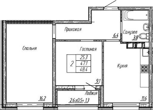 2-комн., 47.1 м², 12/18 этаж, ЖК «Архитектор. ГК ЮгСтройИнвест»