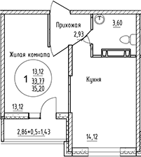 1-комн., 33.77 м², 14/16 этаж, ЖК «Друг»