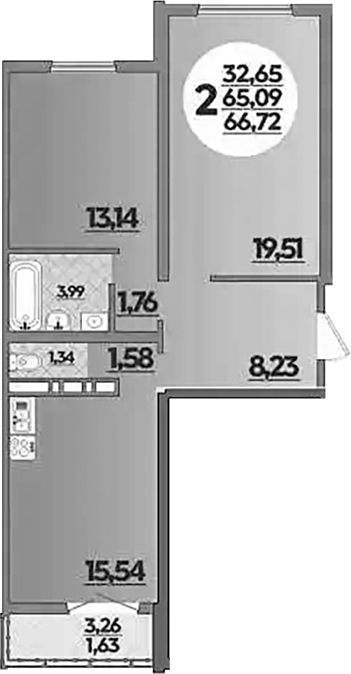 2-комн., 65.09 м², 11/16 этаж, ЖК «Город у моря»