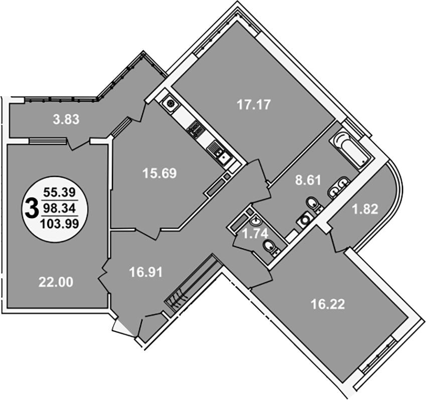 3-комн., 98.34 м², 19/23 этаж, ЖК «Краснодар Сити»