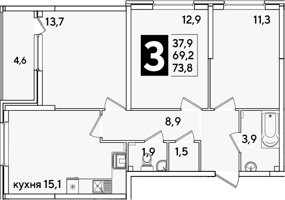 4+ комнаты, 69.2 м², 2/16 этаж, ЖК «Самолет»
