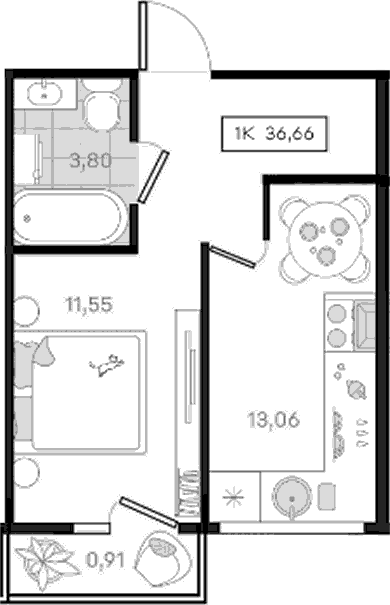 1-комн., 35.75 м², 2/8 этаж, ЖК «История 3»