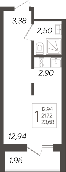 Студия, 21.72 м², 18/19 этаж, ЖК «Кислород»