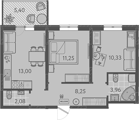 2-комн., 48.87 м², 1/9 этаж, ЖК «Теплые края»