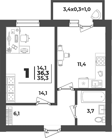 Продается 1-комн. квартира, 35.3 м²