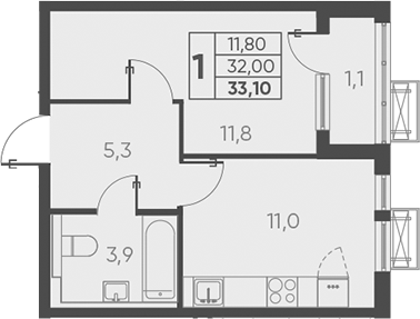 1-комн., 33.1 м², 17/24 этаж, ЖК «Барса»
