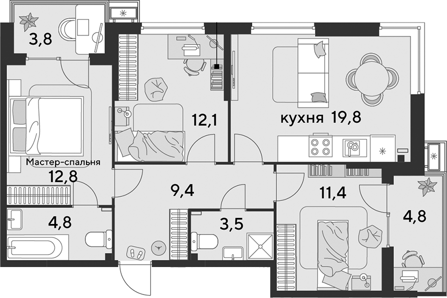 4+ комнаты, 73.8 м², 2/9 этаж, ЖК «Парк Победы»