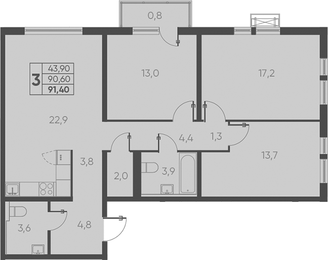 Продается 3-комн. квартира, 90.6 м²