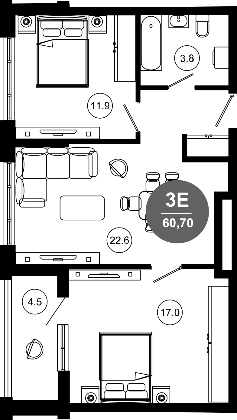 3-комн., 56.2 м², 8/10 этаж, ЖК «Гостиничный комплекс GREENMONT»