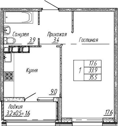 1-комн., 33.9 м², 3/9 этаж, ЖК «Архитектор. ГК ЮгСтройИнвест»