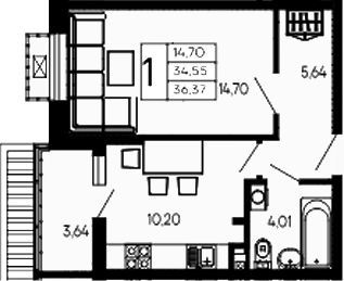 1-комн., 34.55 м², 2/14 этаж, ЖК «Эпос»