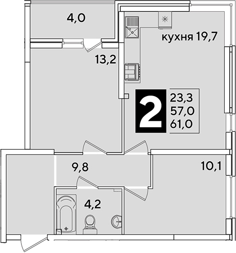 3-комн., 57 м², 2/16 этаж, ЖК «Самолет»