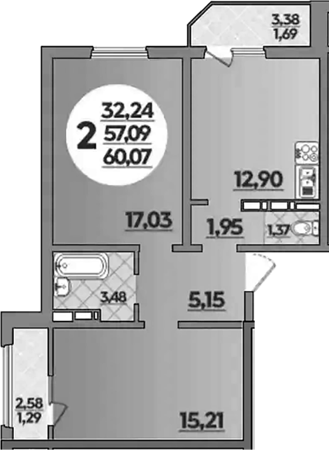 2-комн., 57.09 м², 8/8 этаж, ЖК «Молодежный 2»