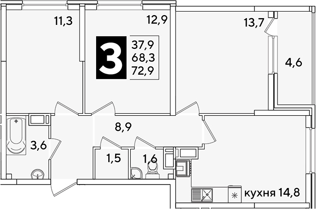 3-комн., 68.3 м², 13/16 этаж, ЖК «Самолет»