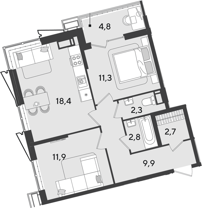 3-комн., 60.4 м², 18/18 этаж, ЖК «Парк Победы»