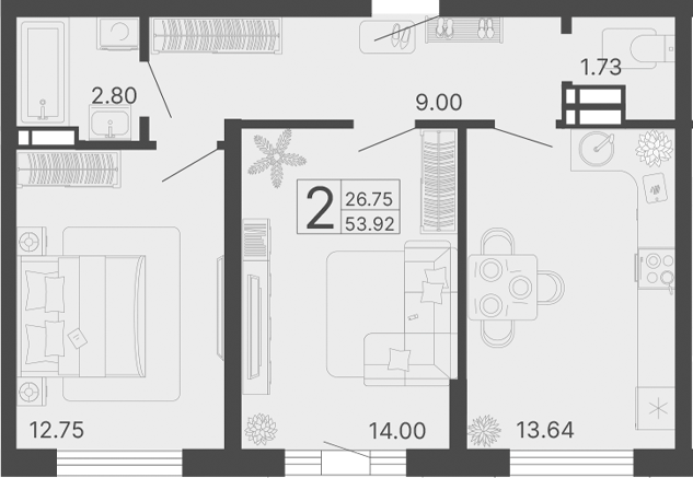 2-комн., 53.92 м², 11/20 этаж, ЖК «Светский лес»
