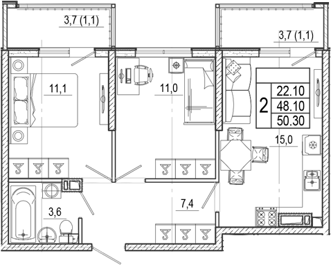 3-комн., 48.1 м², 13/15 этаж, ЖК «Лестория»