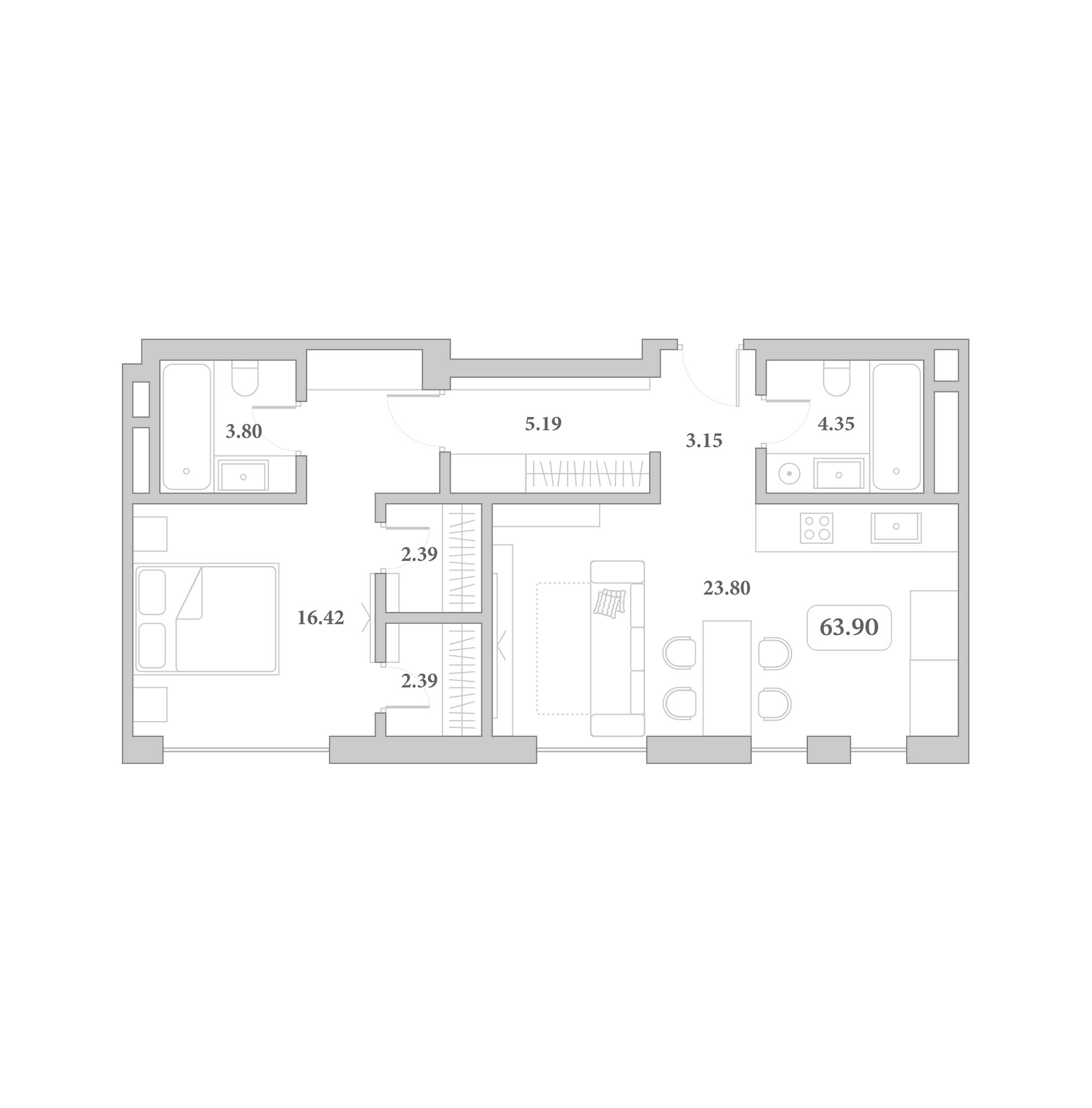 2-комн., 63.9 м², 7/7 этаж, ЖК «Граф Толстой»