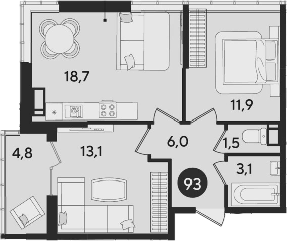 3-комн., 54.3 м², 15/16 этаж, ЖК «Парк Победы»