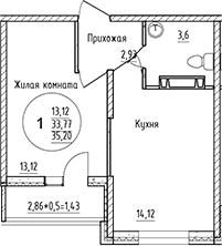 1-комн., 33.77 м², 11/16 этаж, ЖК «Друг»