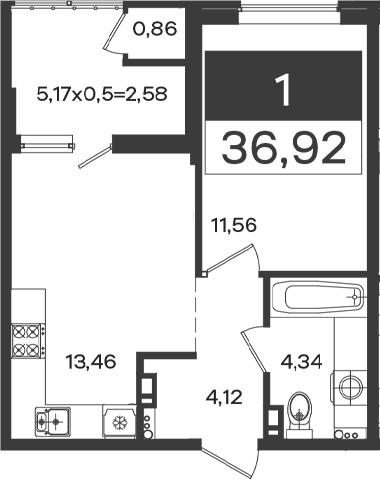 1-комн., 34.34 м², 4/18 этаж, ЖК «Образцово»