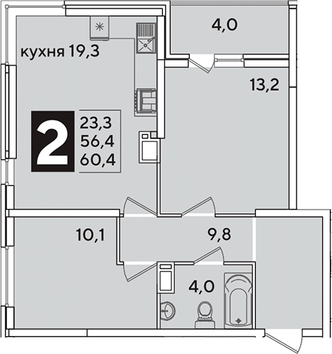 3-комн., 56.4 м², 14/16 этаж, ЖК «Самолет»