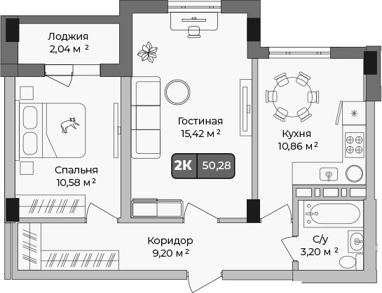 2-комн., 49.26 м², 1/9 этаж, ЖК «Опера»