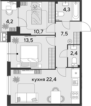 3-комн., 60.8 м², 2/9 этаж, ЖК «Парк Победы»