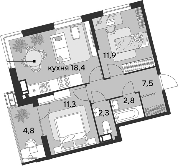 3-комн., 54.2 м², 13/18 этаж, ЖК «Парк Победы»