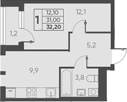 1-комн., 31 м², 15/15 этаж, ЖК «Барса»