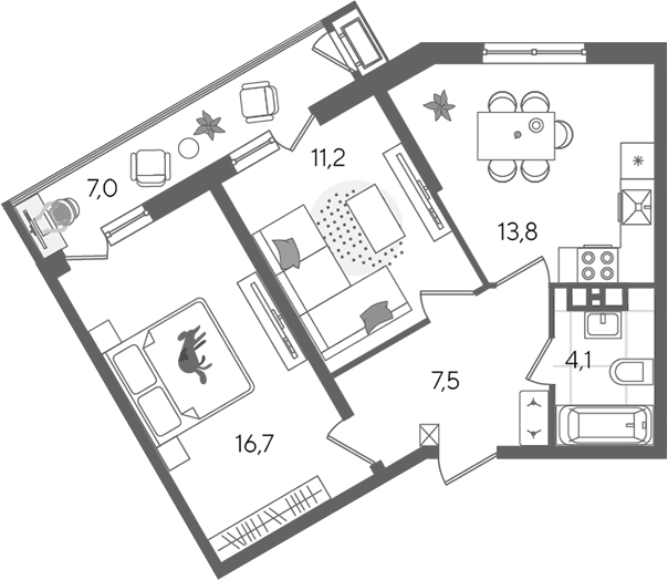 2-комн., 53.3 м², 3/24 этаж, ЖК «Рекорд»