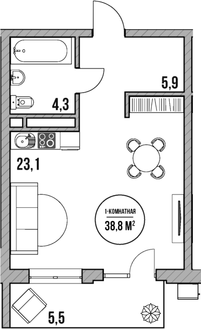 Студия, 33.3 м², 3/5 этаж, ЖК «МореТут»