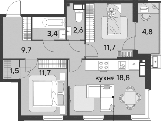 3-комн., 59.4 м², 14/18 этаж, ЖК «Парк Победы»