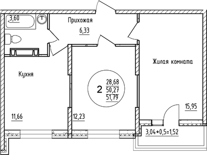 2-комн., 50.27 м², 14/16 этаж, ЖК «Друг»