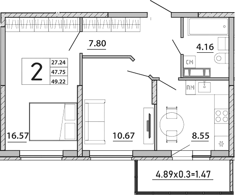 2-комн., 47.75 м², 3/8 этаж, ЖК «Любимый дом. СЗ СтройГрупп»