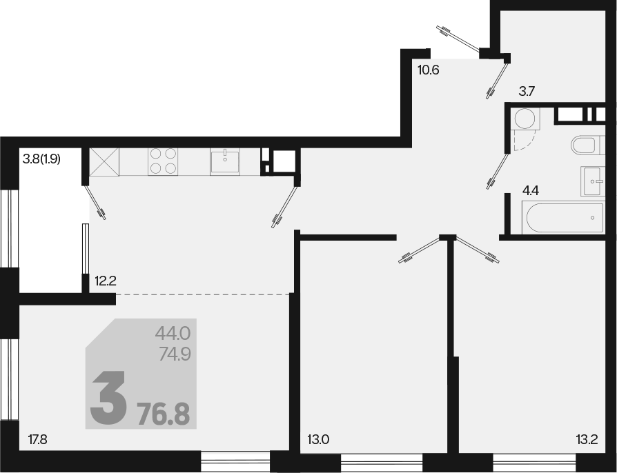 3-комн., 74.9 м², 8/18 этаж, ЖК «Первое место»