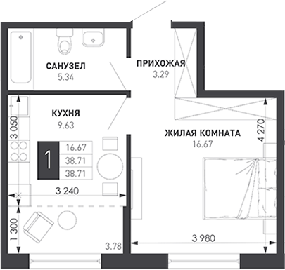 1-комн., 36.32 м², 5/9 этаж, ЖК «Иначе в Молодежном»