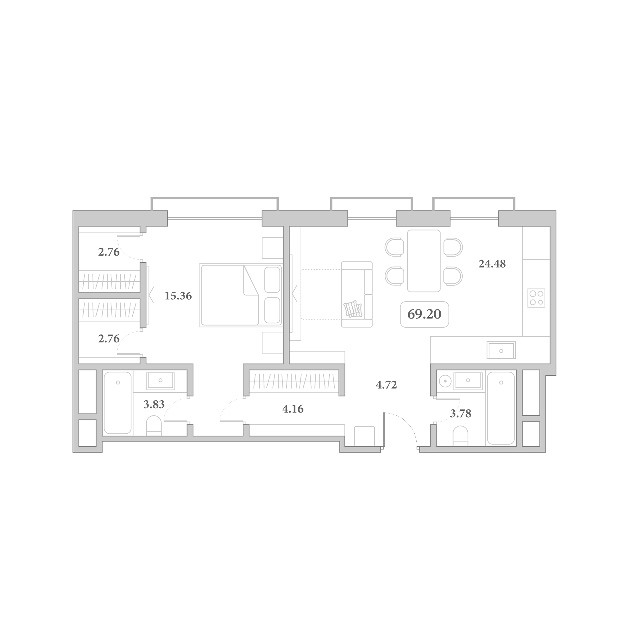 2-комн., 64.4 м², 3/7 этаж, ЖК «Граф Толстой»