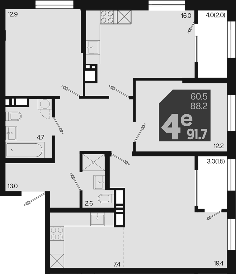 4+ комнаты, 88.2 м², 18/18 этаж, ЖК «Первое место»