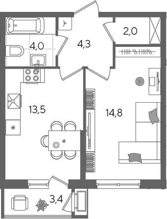 1-комн., 38.6 м², 2/24 этаж, ЖК «Рекорд»