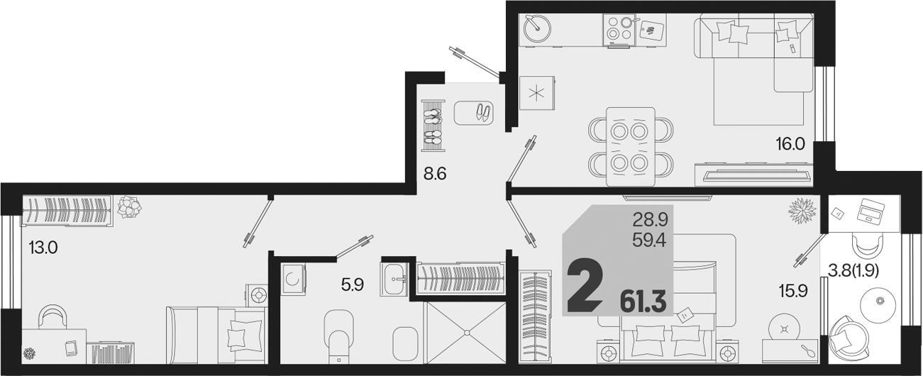 2-комн., 59.4 м², 2/9 этаж, ЖК «Первое место»