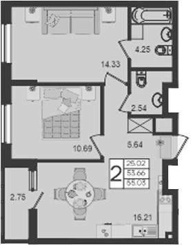 Продается 2-комн. квартира, 53.65 м²