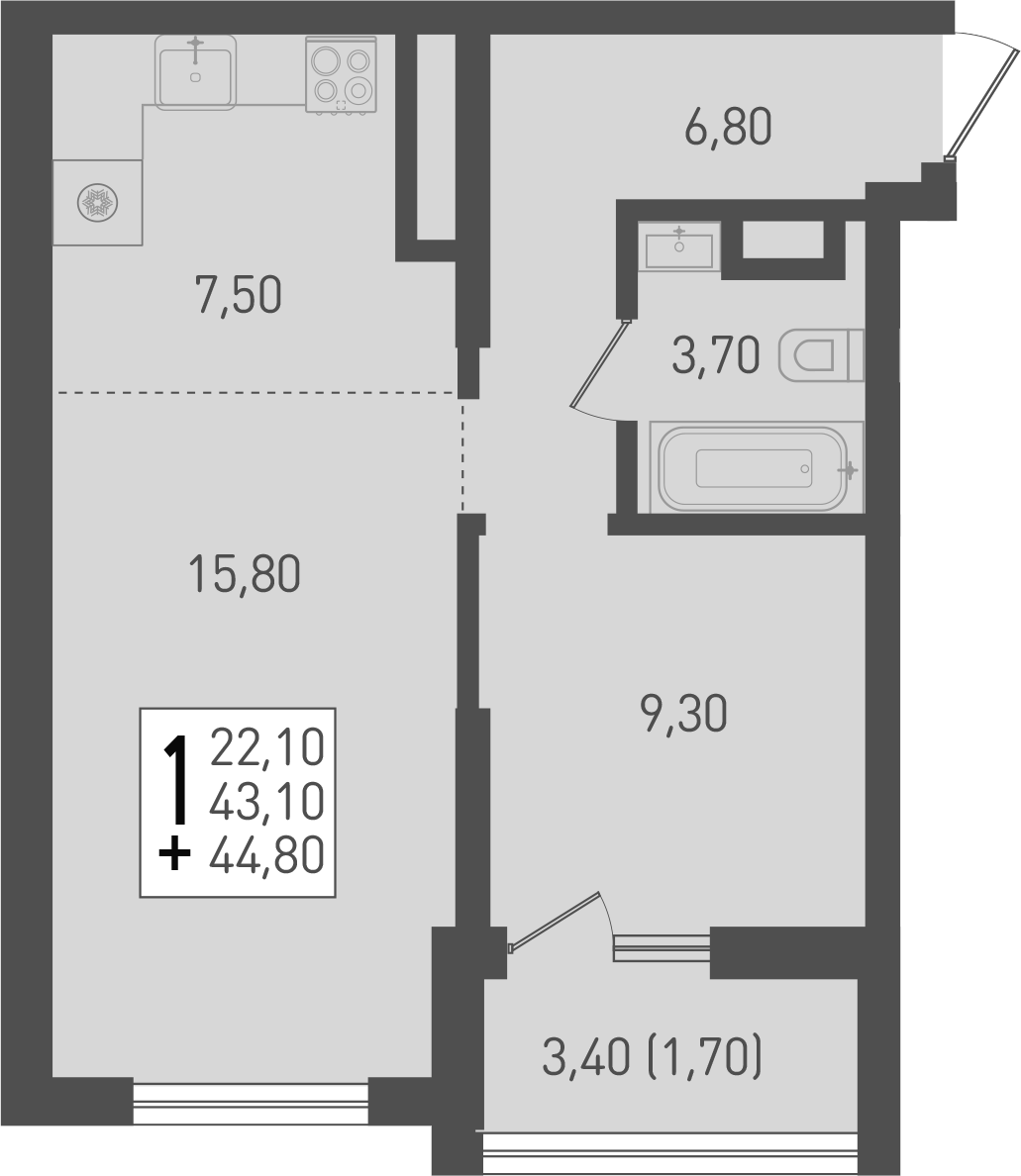 2-комн., 43.1 м², 3/8 этаж, ЖК «Югге»