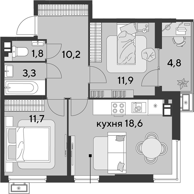 3-комн., 57.5 м², 4/9 этаж, ЖК «Парк Победы»