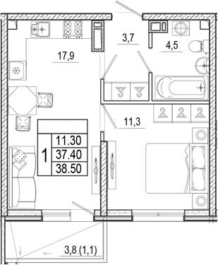 2-комн., 37.4 м², 2/15 этаж, ЖК «Лестория»