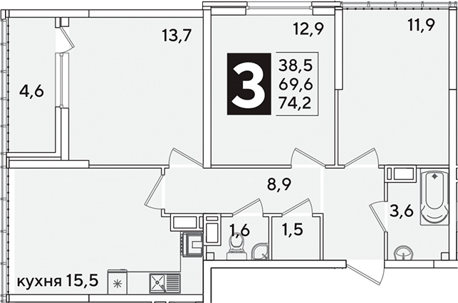 4+ комнаты, 69.6 м², 16/16 этаж, ЖК «Самолет»