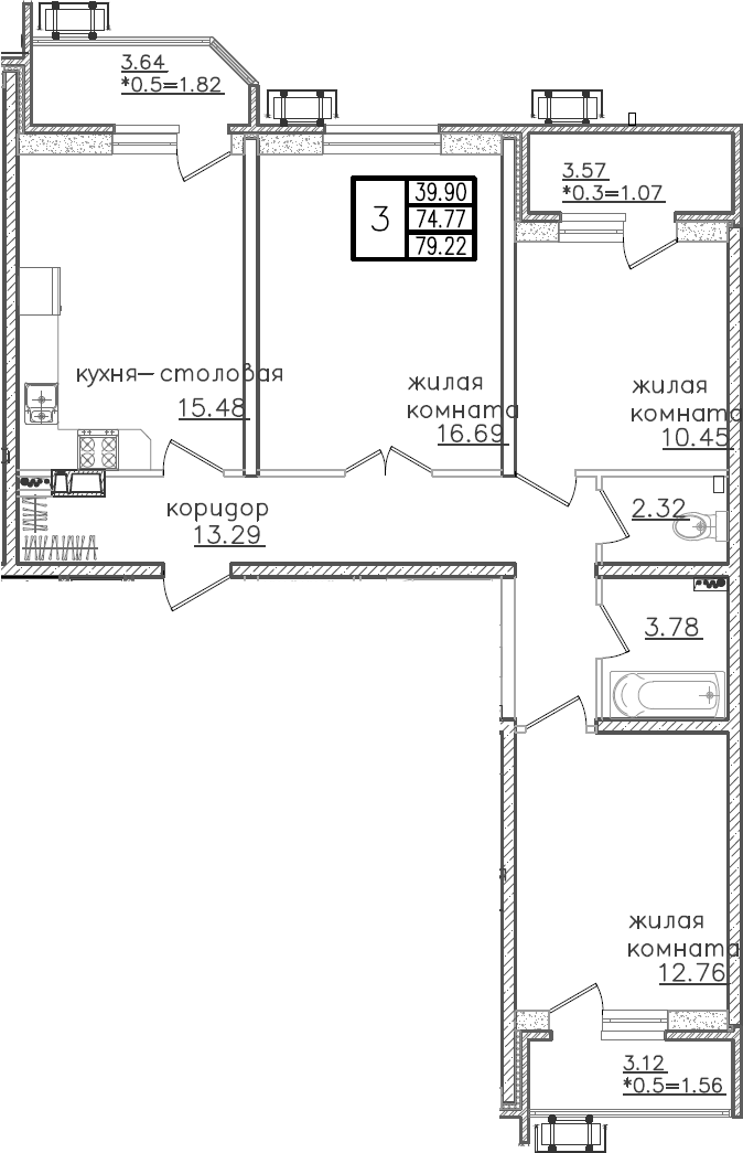 4+ комнаты, 74.77 м², 3/23 этаж, ЖК «Урал»