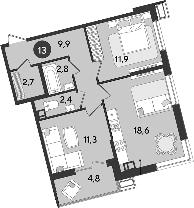 3-комн., 59.6 м², 8/16 этаж, ЖК «Парк Победы»
