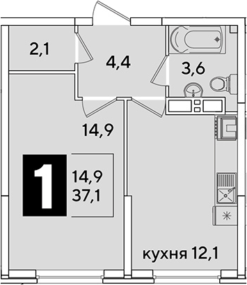1-комн., 37.1 м², 12/16 этаж, ЖК «Самолет»
