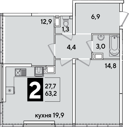 3-комн., 63.2 м², 16/16 этаж, ЖК «Самолет»